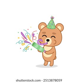 Little bear is setting off firecracker. Bear Birthday party. Cartoon, kawaii, Isolated vector illustration eps 10