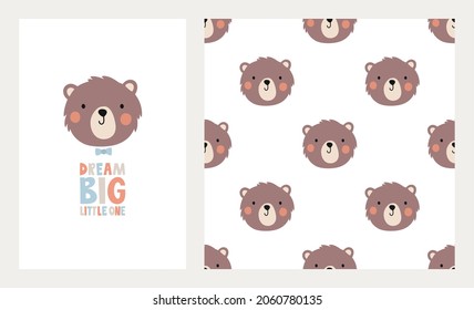 A little bear and a simple children's pattern. Hand-drawn lettering To Dream of a big little one. A set of vector illustrations for postcards, posters, application to fabric, paper, room decor