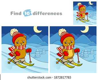 Little bear skiing. Find 10 differences. Educational game for children. Cartoon vector illustration.