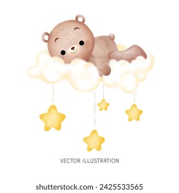 Little Bear in Sleep Cloud Watercolor Illustration Hand Drawing