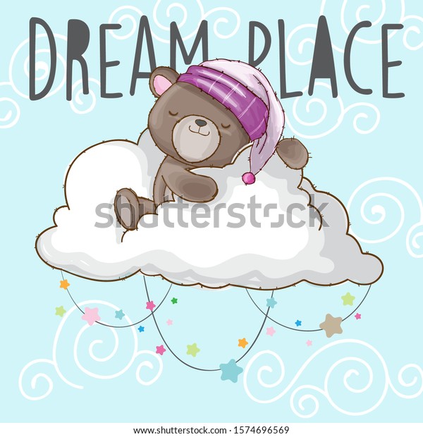 子ども向けのクラウド漫画のイラストで寝ている小熊 寝帽をかぶったかわいい熊 白い雲の上に紫の寝帽子をかぶった茶色の熊 のベクター画像素材 ロイヤリティ フリー