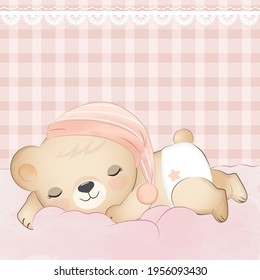 Little bear sleeping on pink background, illustration for Greeting card, shower card