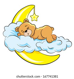 little bear sleeps on a cloud near a moon