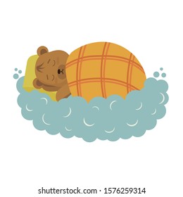Little bear sleeps under a blanket on a cloud. A baby bear hibernating in the winter. Cute, funny character in flat style on white background. 
