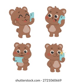 Un osito con un smartphone. El personaje está en varias poses. El oso está sosteniendo un teléfono, hablando por teléfono, charlando y filmando con una cámara del teléfono.