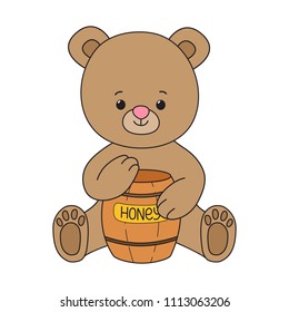 Little bear smile, cute cartoon character, brown animal with honey pot, outline colorful drawing for autumn projects, kids book, children app, game, textile fabric and clothing prints, logo, mascot.