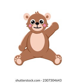 A little bear is smiling and giving waving hand with sitting pose. Bear character vector cartoon illustration isolated on white background. Good for icon, mascot, logo, Children book