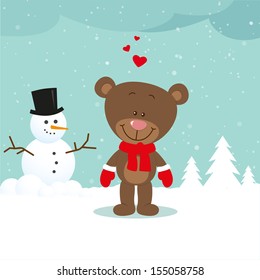 Little bear with snowman