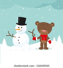 Little bear with snowman