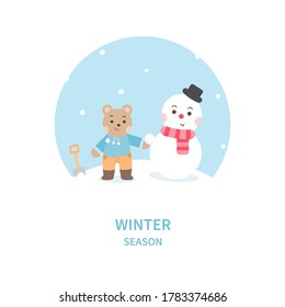 Little bear with snowman. Cute cartoon character. Vector illustration.