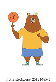  A little bear in sportswear plays with a basketball. Cute teddy bear basketball player. Color vector illustration with background. Vector illustration