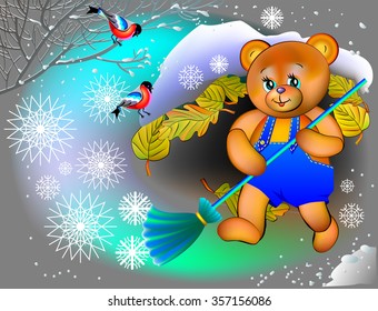 Little bear is swiping snow from his burrow, vector cartoon image.