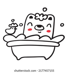 Little bear taking a bath. Outline icon on white background.