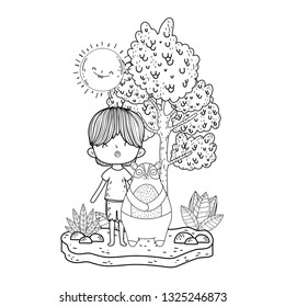 little bear teddy with boy in the landscape