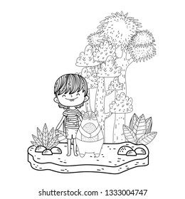 little bear teddy with boy in the landscape