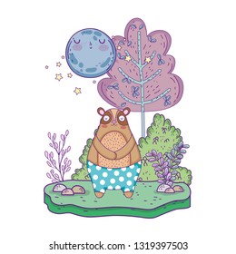 little bear teddy with moon kawaii in the landscape