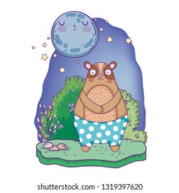 little bear teddy with moon kawaii in the landscape
