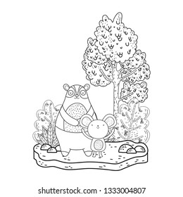 little bear teddy and mouse in the landscape