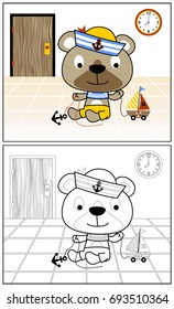 Little bear with it toys, vector cartoon illustration, coloring book or page