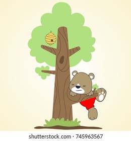 little bear try to climbing a tree, bee hive on tree, vector cartoon illustration