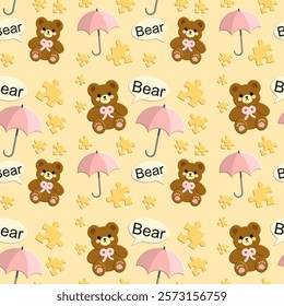 Little bear, umbrella, jigsaw on yellow background, fabric pattern, gift wrapping paper, notebook cover pattern , seamless pattern 