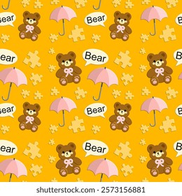 Little bear, umbrella, jigsaw on orange background, fabric pattern, gift wrapping paper, notebook cover pattern , seamless pattern 