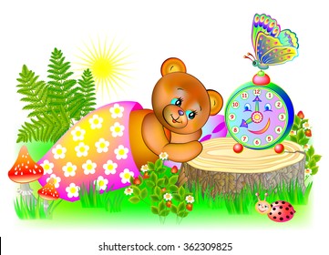 Little Bear Wakes Up In The Morning, Vector Cartoon Image.