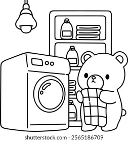 Little bear is washing, easy coloring for kids, vector, illustration