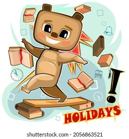 Little Bear. Young cub. Cute child scatters books. He enjoys holidays and weekends. Cartoon style. Illustration for children. Isolated on white background. Vector.