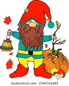 A little bearded gnome in red boots with a flashlight, standing and looking away. There is a pumpkin, mushrooms and fall leaves in the background. Vector illustration, hand drawn, on white background