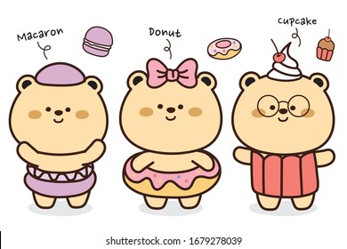 Pequeños osos osos vestidos de panadería. Colección de diseño de personajes de dibujos animados de osos. Macarón donut y fondo de bizcocho. Dibujaron la mano del oso de peluche. Vector.  Ilustración.