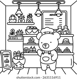 Little Bear's Bakery, easy coloring for kids, vector, illustration, coloring book, coloring page