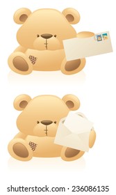 Little bears holding the a blank envelope ready to mail and a blank opened letter/invitation.