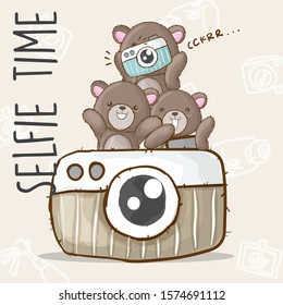 Little bears on the big camera cartoon illustration for kids. cute bears holding camera. brown bear holding blue camera