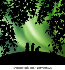 Little bears at polar night. Animal silhouettes. Green northern lights