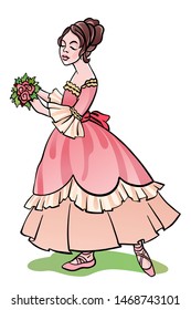 Little beautiful ballerina girl holds bouquet of roses. Fantasy rose dress and pointe shoes. Dance costume design. Dance studio.Vector stock illustration.