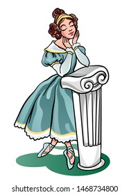 Little beautiful ballerina girl stays on pointe shoes. Vintage nineteenth century silk green dress and gown. Ancient white classic column. Dance costume design. Classic dance studio. Vector drawing.