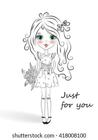 Little beautiful cute girl with a bouquet of daisies on a background with the words just for you.