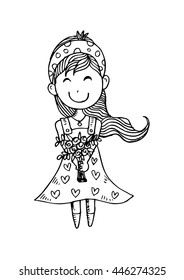 
Little beautiful cute girl with a bouquet of roses. Doodle style.
