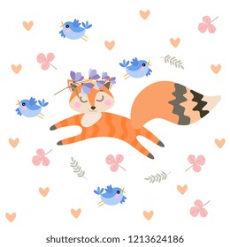 Little beautiful fox with closed eyes jumps among the leaves and hearts isolated on white background in vector.