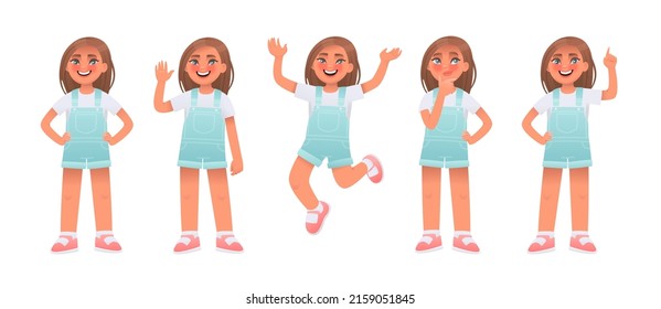 Little beautiful girl character set. Cute child greets, jumps, thinks and finds the answer, gestures and poses. Vector illustration in cartoon style