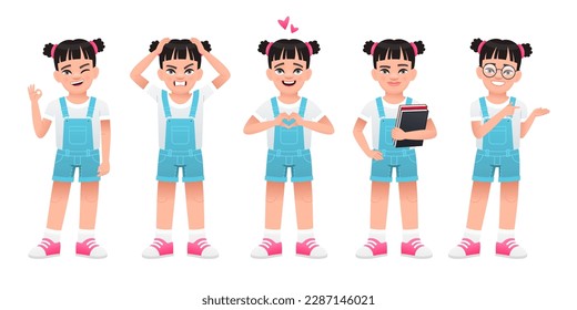 A little beautiful girl stands with books in her hand, clutches her head in panic, OK sign, points to something, heart gesture. Cute white baby stands in different poses. Girl in full growth.