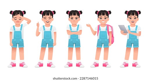 A little beautiful girl stands dissatisfied with her arms crossed, with a backpack, a gesture of approval, in sadness, with a tablet in her hand. Girl in full growth. Cute white baby