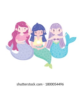 little beautiful mermaids characters multicolor tails cartoon vector illustration