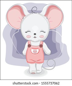 little beautiful mouse girl walks in pink denim short jeans. Picture in hand drawing cartoon style, for t-shirt wear fashion print design, greeting card, postcard. baby shower. party invitation.