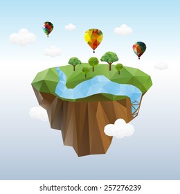 Little beautiful planet-island floating in the sky. Vector Illustration.