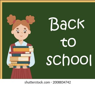 Little beautiful smiling girl holding a stack of books on the background of a green school board. Childhood. the child is holding books. Training. Back to school. Flat style. Vector illustration