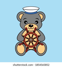 Little beautiful vector Teddy Bear with the helm in sailor hat on blue background