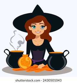 A little beautiful witch girl with multi-colored eyes in a hat brews potions.