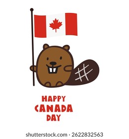 Little beaver with flag of Canada. Happy Canada day. Illustration on white background.